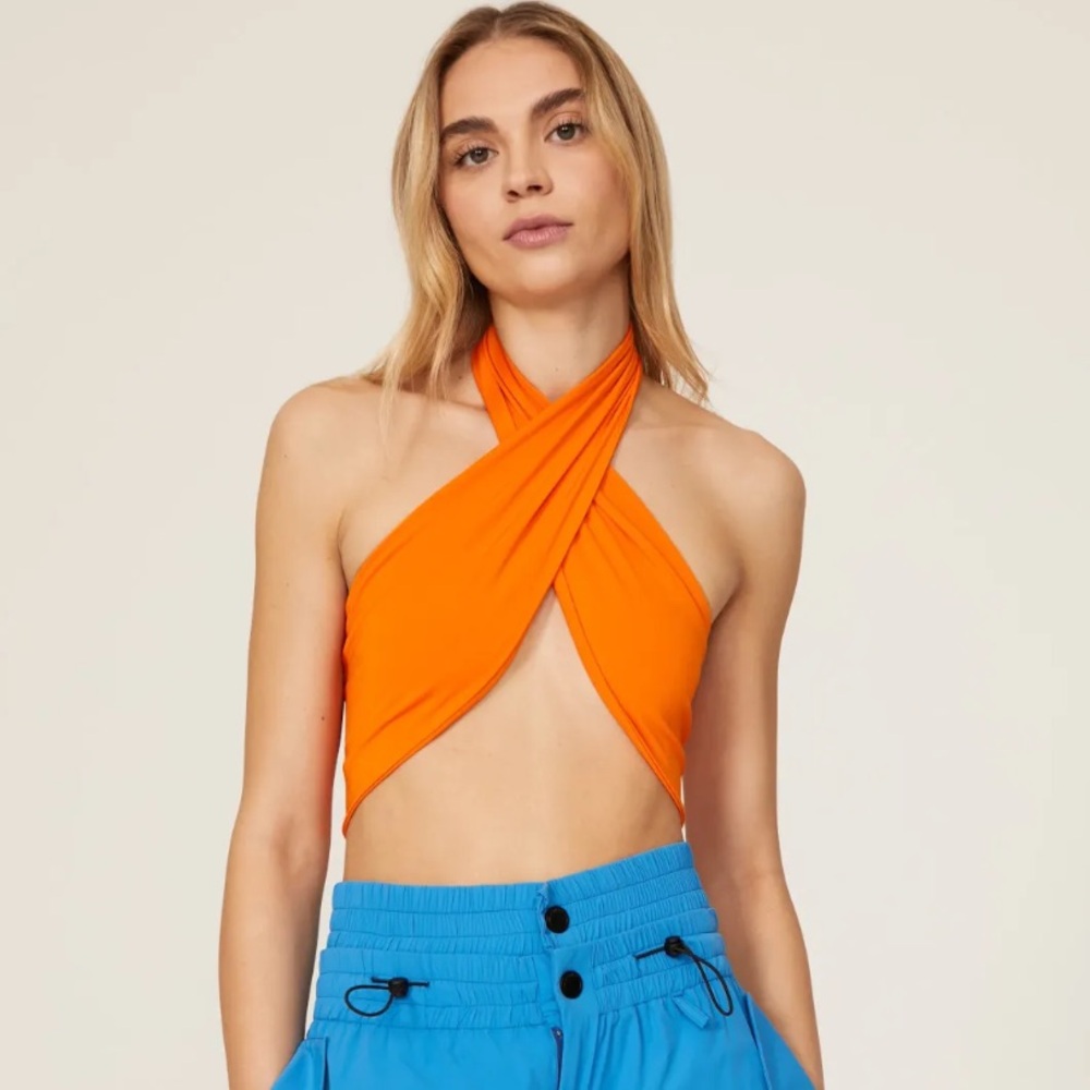 Andamane Italy Orange Jasmine Criss Cross Wrap Halter Crop Tank Top